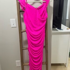 Vibrant Pink Ruched Midi Dress,